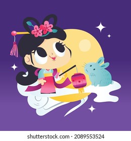 A cartoon vector illustraiton of a chinese mid autumn festival with the goddess Chang Er and rabbit on a moon.