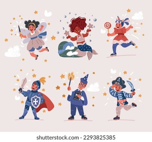 Cartoon vector illustraiton of Cute girl kid disguised in carnival costume of funny child wearing clothes, festive dress. Girls, fairy, mermaid, unicorn. Boys, pirate, wizard, khight
