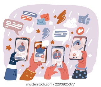 Cartoon vector illustraiton of Hands holding mobile phone with happy people displaying on screen. Online chat, phone or video call conversation.