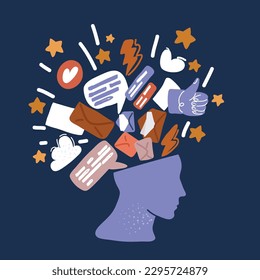 Cartoon vector illustraiton of head with chat bubble brain of social media app and explotion inside with information