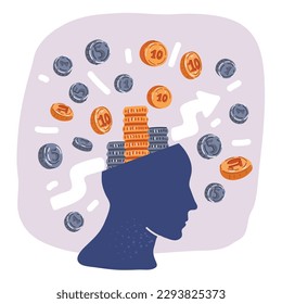 Cartoon vector illustraiton of head with money inside and increase graph