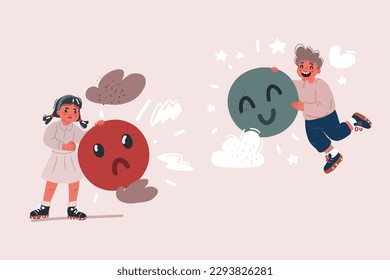 Cartoon vector illustraiton of of kids emotions. Facial expression. Cartoon boy avatar. Happy and unhappy girl with emoji in her hands