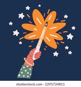 Cartoon vector illustraiton of Magic wand in hand sparkle in hand isolated on white. Magician holding miracle magical stick Wizard tool