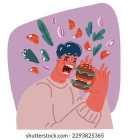 Cartoon vector illustraiton of man eating Burger. Very hungry man