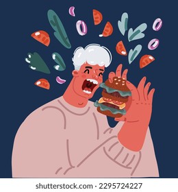 Cartoon vector illustraiton of man eating Burger. Very hungry man over dark background