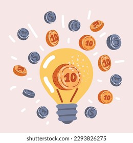 Ilustración vectorial de dibujos animados del dinero dentro de la bombilla, gestión financiera. Moneda