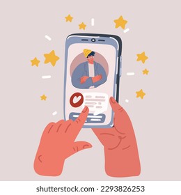 Cartoon vector illustraiton of phone in a man's hand. Man on display