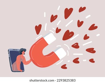 Cartoon vector illustraiton of woman attracting hearts with magnet. Love, romance, relationship. Character in smartphone