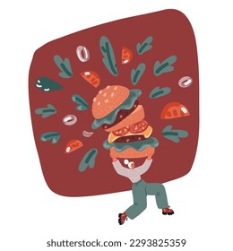 Cartoon vector illustraiton of woman hold huge burger and running