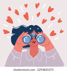 Ilustración vectorial de dibujos animados de mujeres mirando a través de binoculares en vidrio de aumento. Personajes que buscan oportunidades y nuevas ideas, la mujer mira hacia el futuro con spyglass o