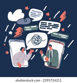 Cartoon vector illustraiton of woman talking with a professional psychologist online using his smartphone, online therapy concept over dark background