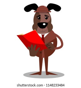 Cartoon vector illustrated business dog reading a red book.
