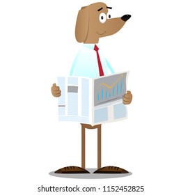 Cartoon vector illustrated business dog reading newspaper.
