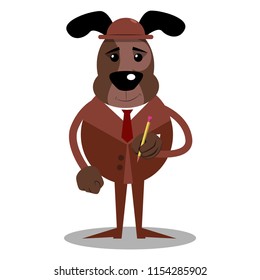 Cartoon vector illustrated business dog holding a pencil.