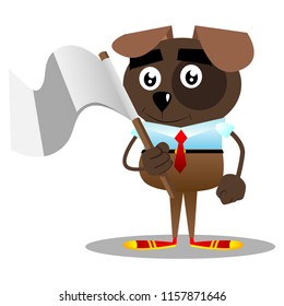 Cartoon vector illustrated business dog holds white flag of surrender.