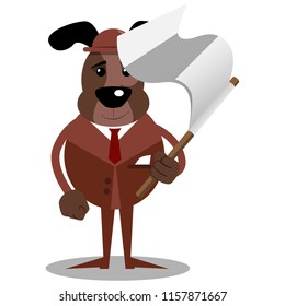 Cartoon vector illustrated business dog holds white flag of surrender.