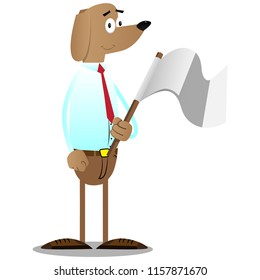 Cartoon vector illustrated business dog holds white flag of surrender.