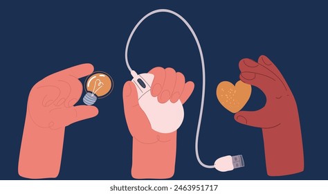 Cartoon vector illustrati n of Hand hold bulb, mouse, heart over dark backround