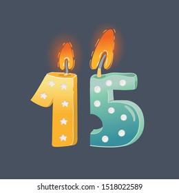 Cartoon vector illustration of 15 years birthday card. Candles on dark background.