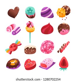 A cartoon vector illustration of 16 different valentine's day candies and treats set like lollipop, chocolates, gummies and more.