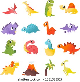 A cartoon vector illustration of 16 different dinosaurs and prehistoric design elements.