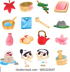 A cartoon vector illustration of 16 various super cute japanese hot spring onsen design elements and characters.
