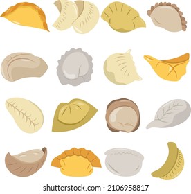 A cartoon vector illustration of 16 various chinese dumplings set.