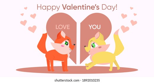 Cartoon vector illustration of 2 foxes running to each other and two halves of heart. Holiday banner, web poster, flyer, stylish brochure, greeting card, cover. Valentine's Day concept. Love card