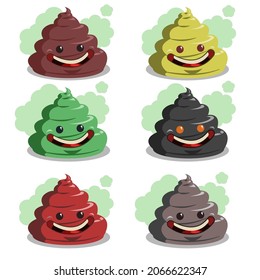 cartoon vector illustration of 6 different colored funny poop characters 