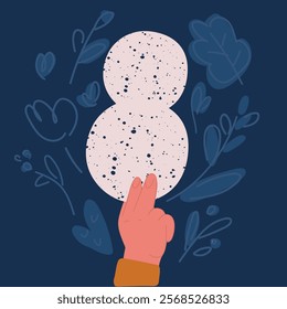 Cartoon vector illustration of 8 number holding by hand over dark backround