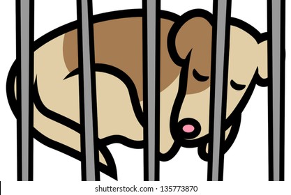 Cartoon vector illustration of abandoned dog or puppy in shelter behind bars, animal cruelty