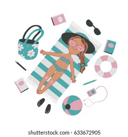 Cartoon vector illustration about holidays at the sea. Girl getting a suntan 