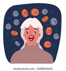 Cartoon, Vektorgrafik von About Money Überraschte Gesicht. Über Geld überraschte Emoji. Lächeln über Geld überraschte Emoticon. Geldsymbol in weiblichen Augen auf dunklem Hintergrund