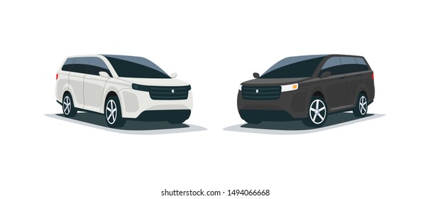 Cartoon vector illustration of an abstract modern all-terrain white and black suv mpv family american style big 4x4 car. Front side perspective view. Isolated vehicle on white background.