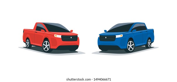 Cartoon vector illustration of an abstract modern all-terrain red and blue suv truck american style big 4x4 car. Front side perspective view. Isolated vehicle on white background.