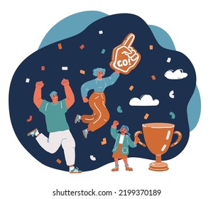 Cartoon vector illustration of Achievement, joy, celebration concept. Happy cheerful joyful family with children jumping together celebrating luck and feeling great having fun over dark backround