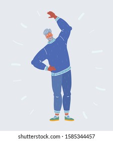 Cartoon vector illustration of Active retirement. Elderly man make exercise. Human character on white background.