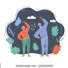 Cartoon vector illustration of Active retirement. Elderly couple in sport