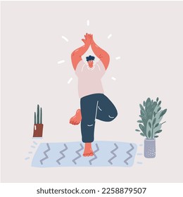 Cartoon vector illustration of Active young cheerful man doing morning gymnastic at home, standing on yoga mat and stretching