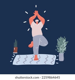 Cartoon vector illustration of Active young cheerful man doing morning gymnastic at home, sitting on yoga mat and stretching over dark background