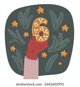 Cartoon vector illustration of Adorable girl child holding a ginger bread, gingerbread six number