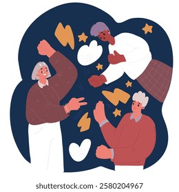 Cartoon vector illustration of adult people playing rock paper scissors game.