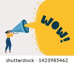 Cartoon vector illustration of Advertising Promotion. Woman character shout in vintage loudspeaker, big megaphone advertisement marketing concept. Announcement business communication.