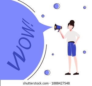 Cartoon vector illustration of Advertising Promotion. Woman character shout in vintage loudspeaker, big megaphone advertisement marketing concept. Announcement business communication.