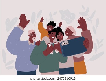 Cartoon vector illustration of African family portrait. Grandparents, parents and child. Black family taking photo