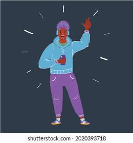 Dibujo vectorial de un niño adolescente afroamericano con auriculares en un fondo oscuro.