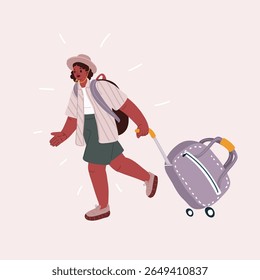 Ilustração do vetor de desenhos animados do afro sai de férias e viaja. No aeroporto com uma mala grande agradável. Adeus à pátria e aos entes queridos. Viagem em família, cruzeiro. Diferentes países.