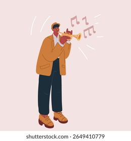 Ilustração vetorial de desenhos animados do homem afro em um terno com um chapéu tocando um trompete. Improvisação de jazz man jam