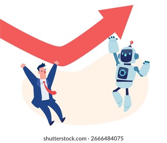 Ilustración vectorial de dibujos animados de un robot de IA ayuda al empresario a empujar el gráfico de flecha hacia arriba. Concepto de inteligencia artificial que apoya el crecimiento empresarial, el liderazgo, la innovación y el éxito.