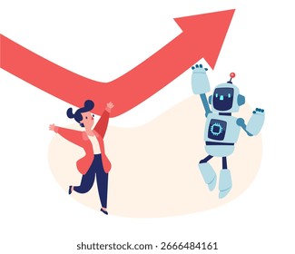 Ilustração vetorial de desenhos animados de um robô de IA ajuda empresária a empurrar o gráfico de seta para cima. Conceito de inteligência artificial apoiando o crescimento, a liderança, a inovação e o sucesso da empresa.
